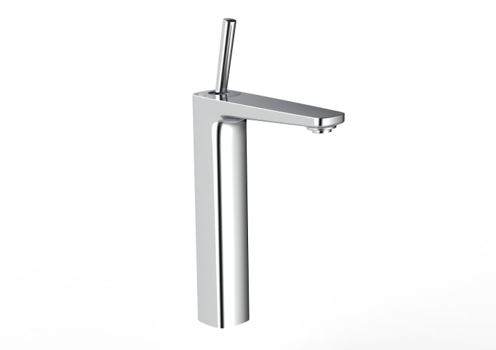 Single lever basin mixer with high spout, click-clack drain and smooth body