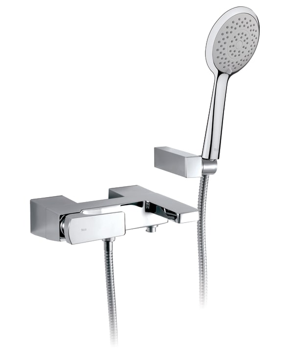 Wall-mounted bath-shower mixer with automatic diverter, 1.70 m flexible shower hose, handshower and wall bracket