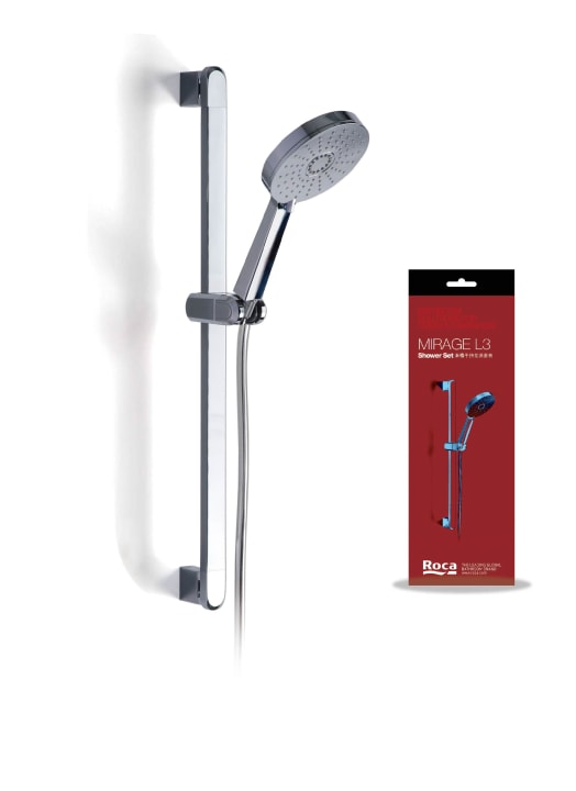 Shower set with 3-function Mirage handshower, sliding bar and flexible hose