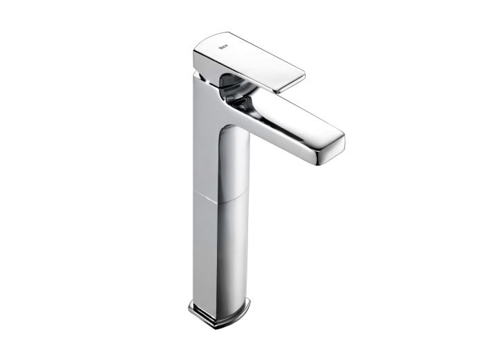 High-neck basin mixer with pop-up waste