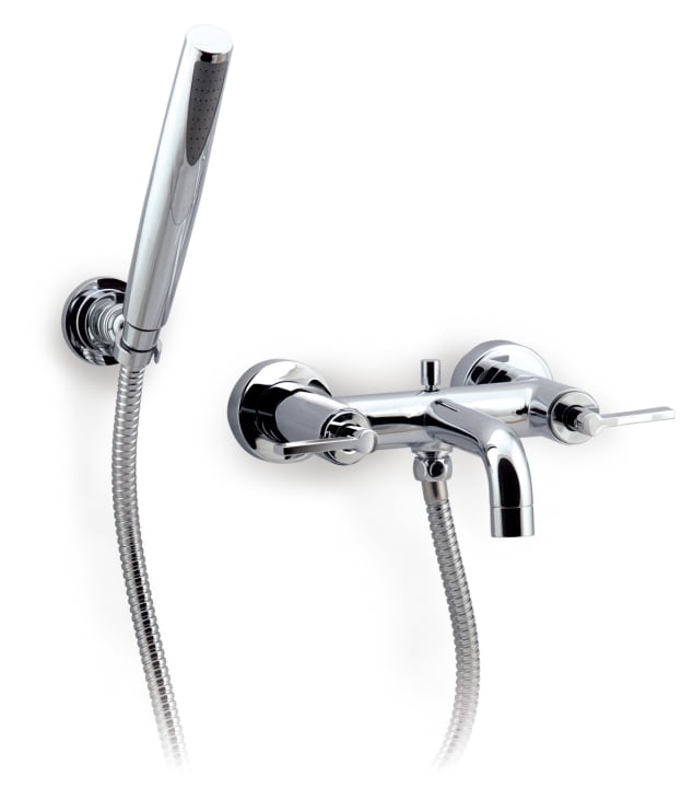 Wall-mounted bath-shower mixer with automatic diverter, 1.70 m flexible shower hose, handshower and wall bracket