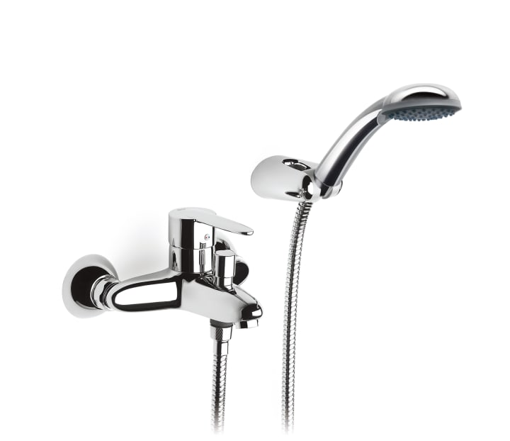 Wall-mounted bath-shower mixer with automatic diverter, 1.70 m flexible shower hose, handshower and wall bracket