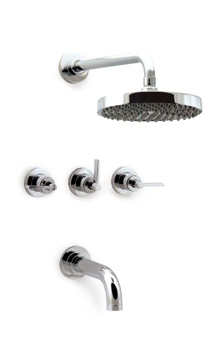 Built-in bath-shower mixer with wall mounted shower head and bath spout