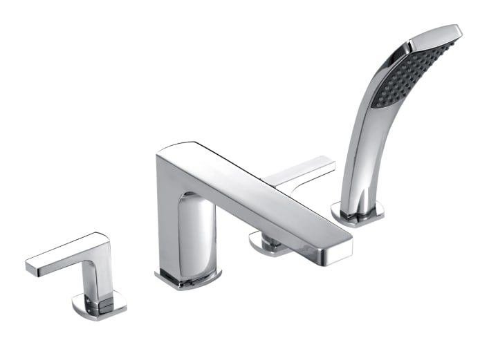 Deck-mounted bath-shower mixer with diverter, hanshower and flexible hose