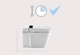 Technology integrated in the toilet: preassembled, seamless fit, easy to install, plug and play.